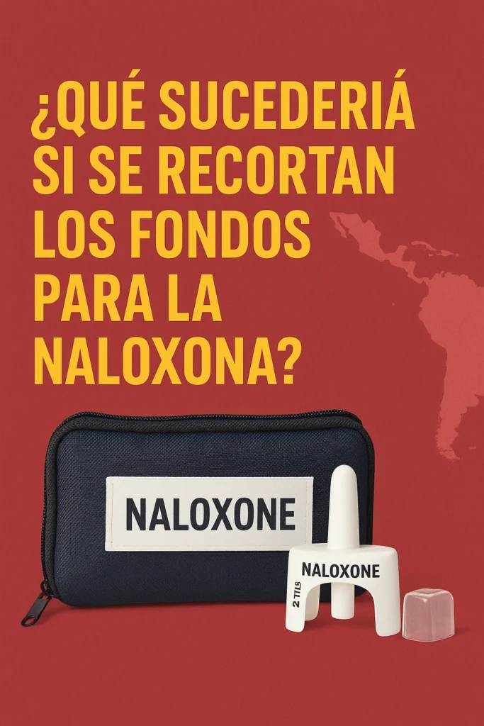 ¿Qué sucedería si se recortan los fondos para la naloxona?’, acompañado de un mapa de América Latina, simbolizando el impacto de los recortes en programas de prevención de sobredosis.