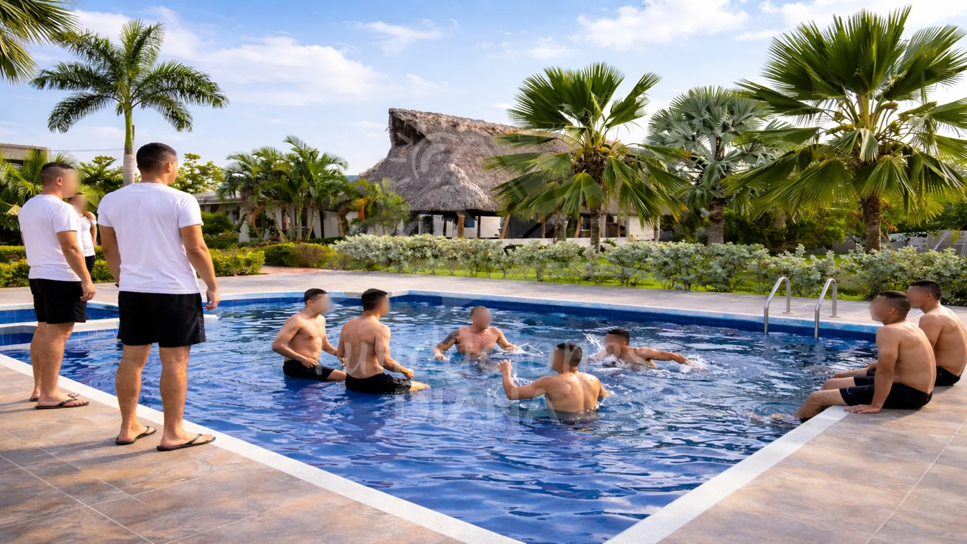 Imagen que representa a jóvenes disfrutando en una piscina de un centro de rehabilitación en Sabanagrande Atlántico donde se están recuperando de las adicciones