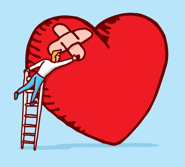 Ilustración de sanidad interior en adicciones y tomas: una persona repara un corazón herido con parches, simbolizando el proceso de recuperación, restauración emocional y esperanza para el adicto y su familia en medio de las recaídas.